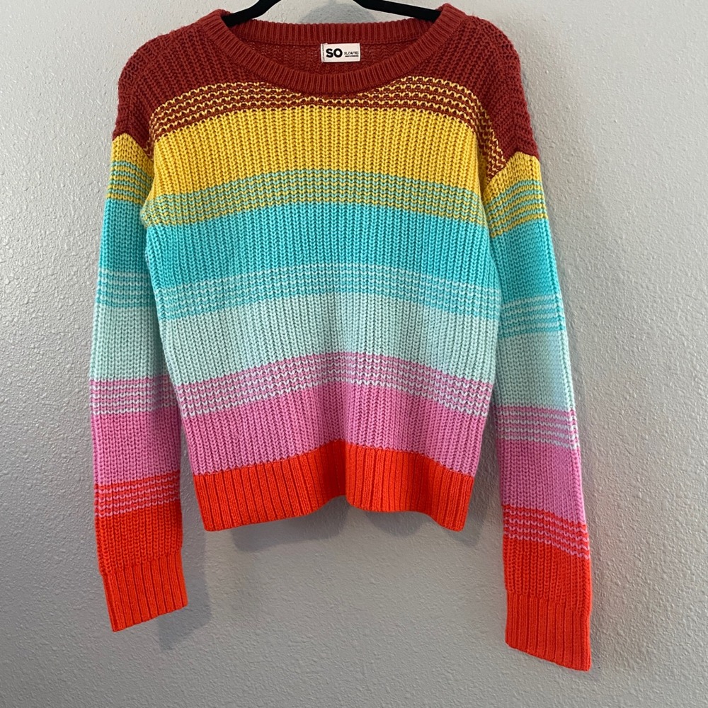Rainbow Striped Chunky Knit Sweater XL Kidcore Rainbowcore Artsy Girl Retro